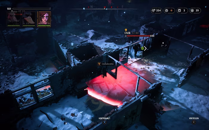 A hidden character inside a red ring around an enemy.