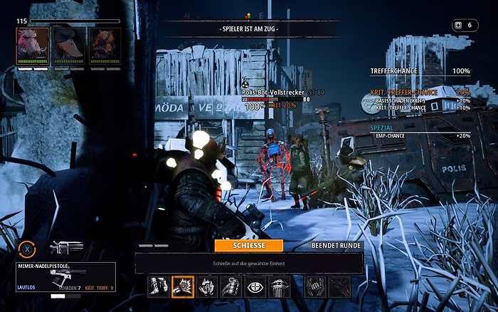 A player character shooting a bad robot.