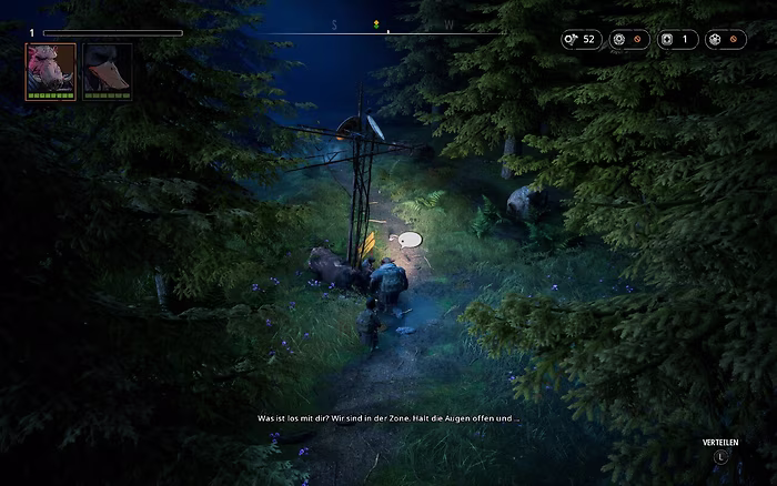 Two humanoid characters, one with a swine head, the other with a duck head, speaking to each other in the wilderness.