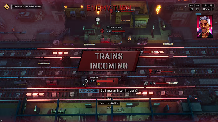 We see a caption 'Train incoming' in the middle of a battle in what looks like a subway stop. At the top right we see what looks like a commentator.