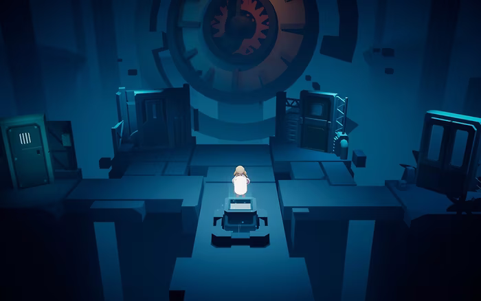 The girl in a central hub place with several doors, a kind of well or altar in the front and a big, dark, clock at the background.